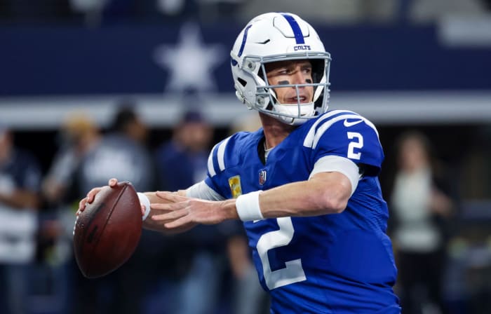 Dec 4, 2022; Arlington, Texas, USA; Indianapolis Colts quarterback Matt Ryan (2) warms up before the game against the Dallas Cowboys at AT&T Stadium.